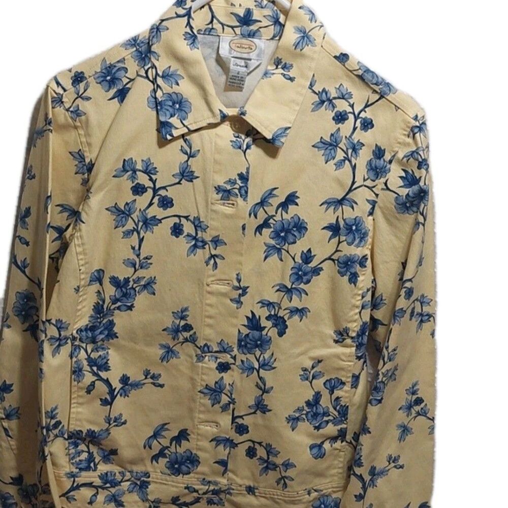 Talbots Yellow and Blue Floral Toile Print Classic Denim Jacket and Pants Set